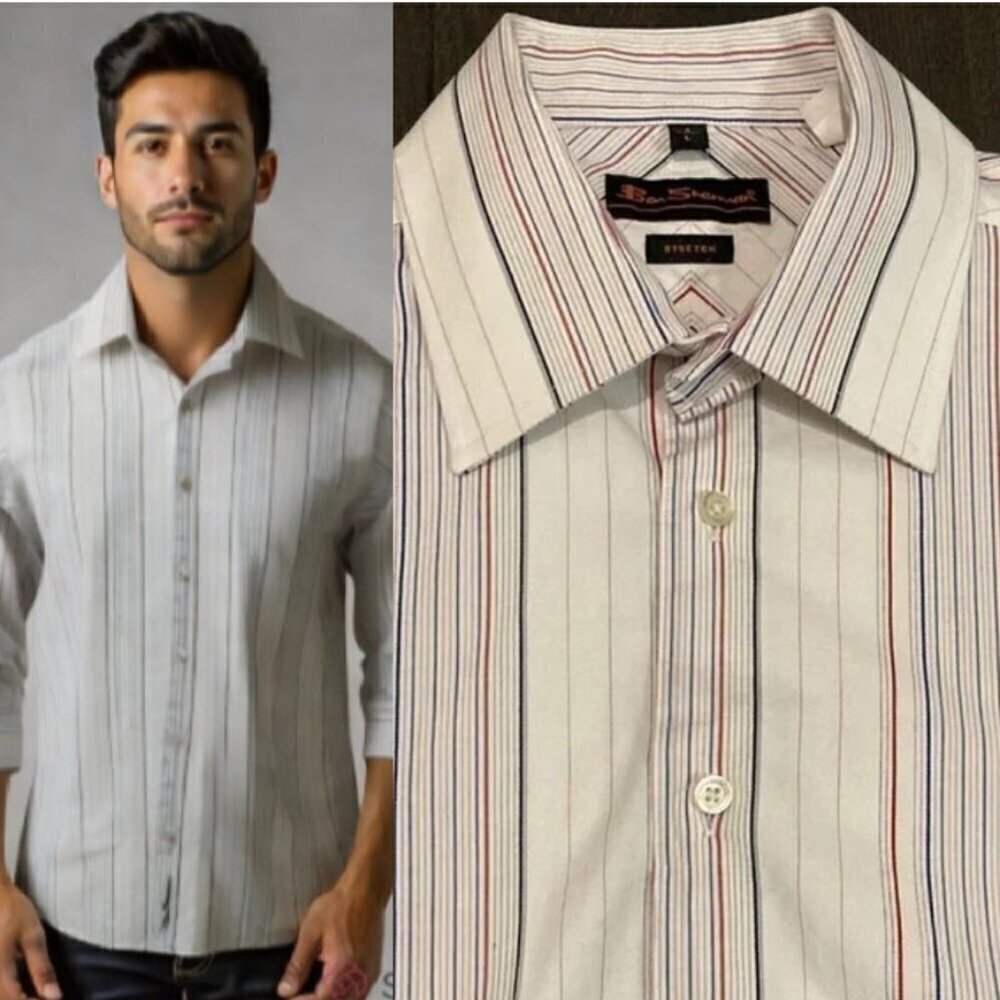BEN Sherman White Stripes Cotton Stretch Shirt Large